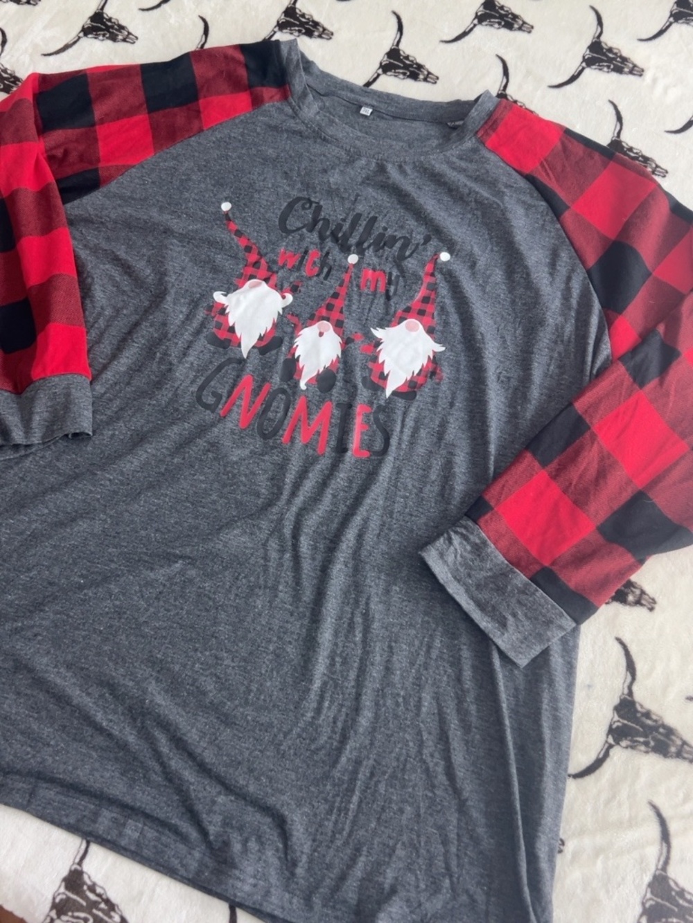Chillin’ With My Gnomies Christmas Buffalo Plaid Raglan Top 3XL